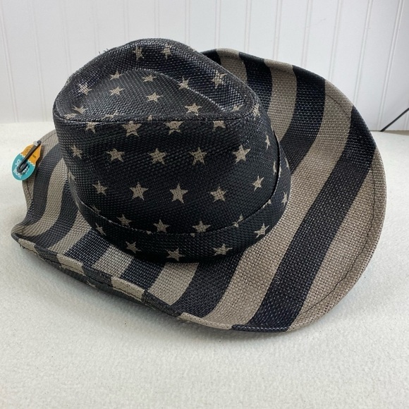 USA Flag Design Cowboy Hat Khaki and Dark Gray‎ Stripes and Stars One Size - Picture 6 of 16